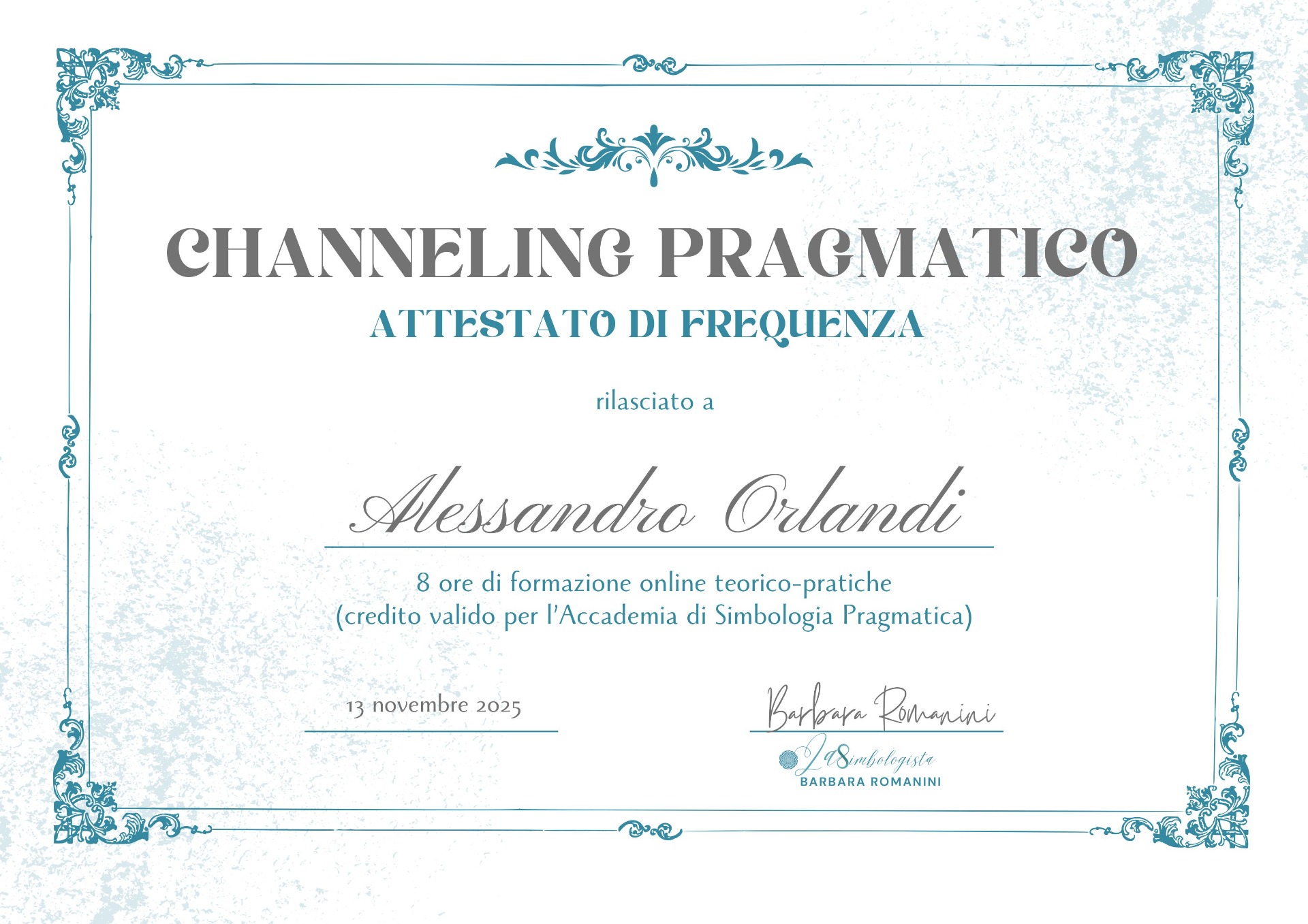 Attestato corso Channeling Pragmatico di Barbara Romanini